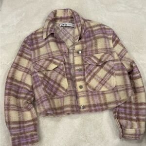 Zara Cream & Lavender Plaid Cropped Jacket